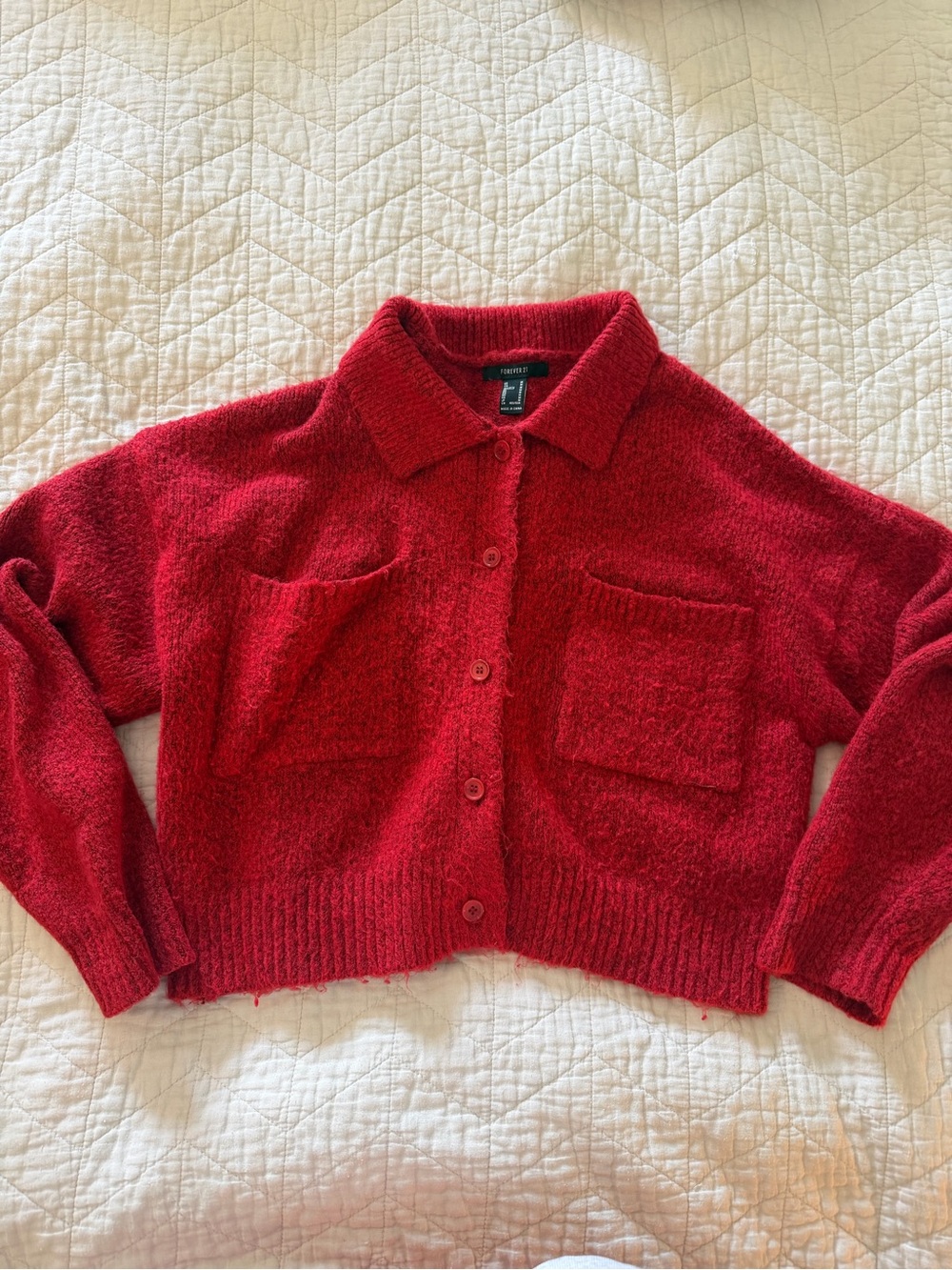 Forever 21 Red Button-Up Pocket Sweater Cardigan